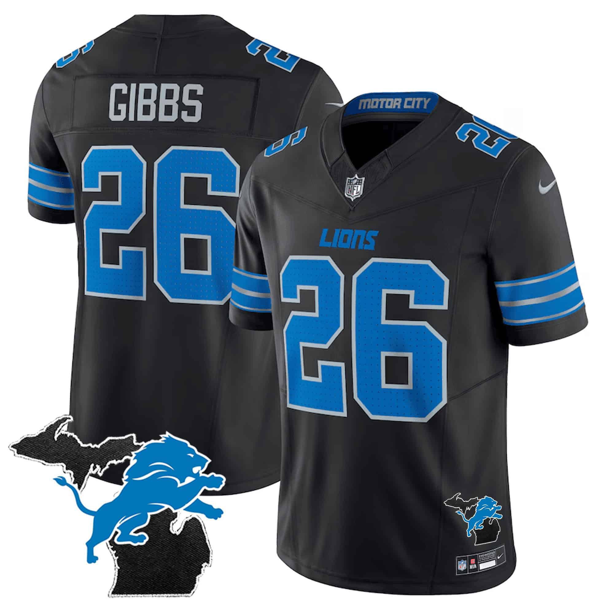 Men Detroit Lions 26 Gibb Black 2024 Nike Michigan Patch Vapor Limited NFL Jersey style 1